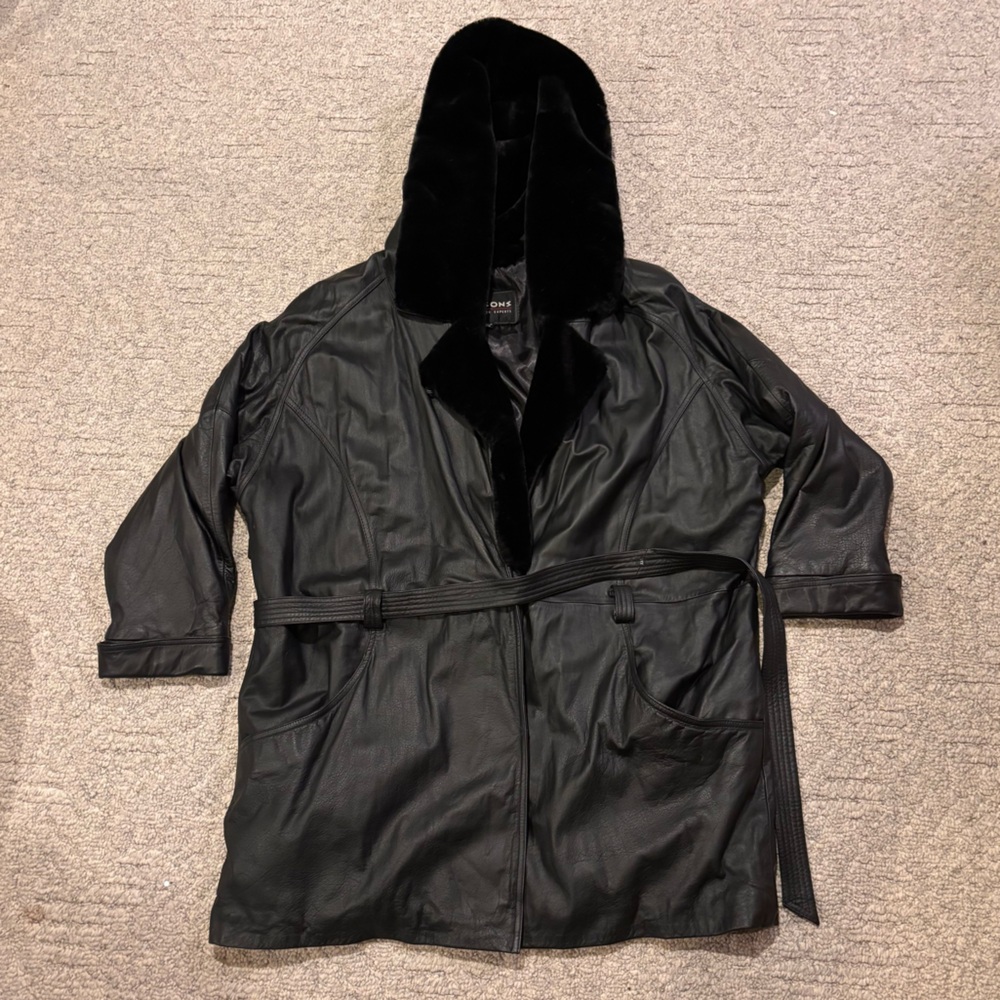 Wilson Black Leather Trench Coat with Belt and Hood Size Women’s XXL